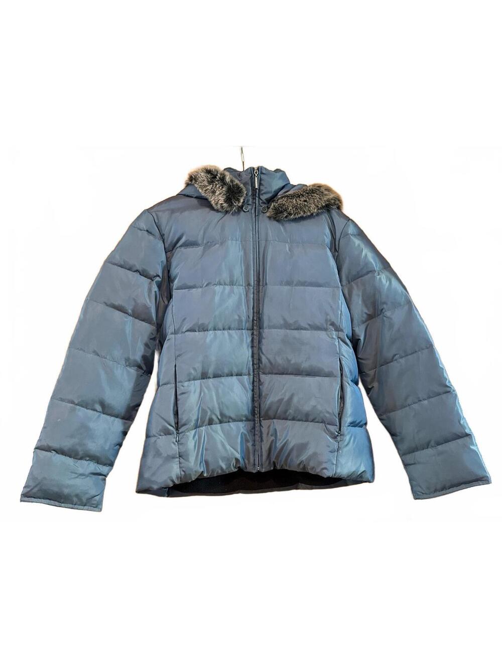 Crazy Horse Blue Puffer Jacket with Faux Fur Hood, Size Large